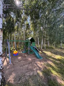 a playground with a swing set in the woods at Między polami in Drewnica