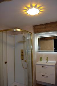 a bathroom with a shower and a sink at Ferme La Hougue B&B in Coigny