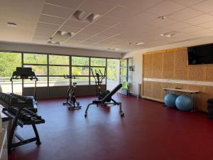 a gym with exercise bikes and a television in a room at L'Eden du Forez in Le Brugeron