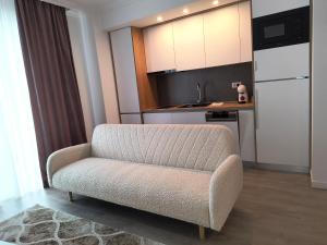 a living room with a couch and a kitchen at Twin Constantin-Apartment in Suceava