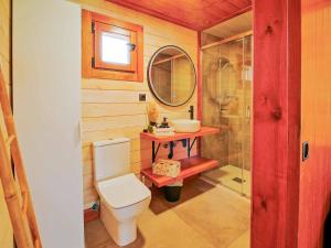 a bathroom with a toilet and a sink and a mirror at Luxury Rural Cuenca - Villas in Cuenca +20 photos