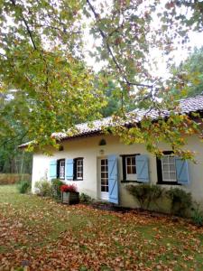 a small white house with blue windows and a tree at Escapeteu in Azur