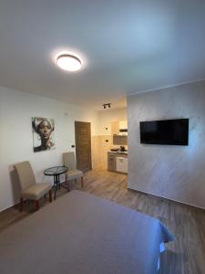 a living room with a tv and a table and chairs at Alexandra in Prijevor
