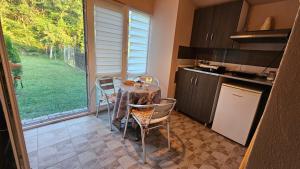 a kitchen with a table and chairs and a window at Studio Eli sa dvorištem in Veliko Gradište