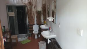 a bathroom with two sinks and a shower and two toilets at Tree Tent Bratislava in Prievoz