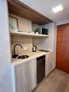 a small kitchen with a sink and a microwave at Refugio del Sur in San Carlos de Bariloche