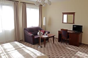 a hotel room with a bed and a couch and a desk at Astoria Bed & Breakfast in Swarzędz