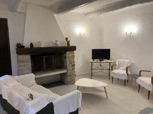 a living room with a couch and a fireplace at Le gîte petit-conil in Correns