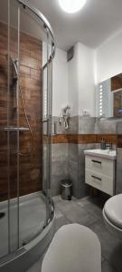 a bathroom with a shower and a toilet and a sink at Willa Aura in Łeba