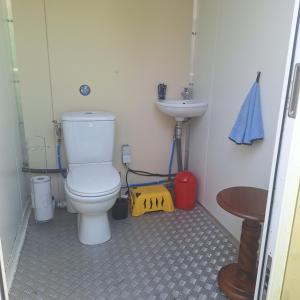 a bathroom with a toilet and a sink at Les Roches Blanches Emplacements camping-car, tente, caravane in Guenroc