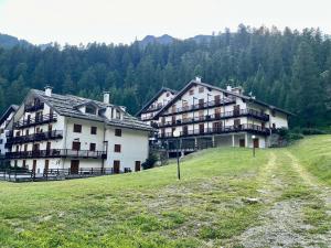 two large buildings on a grassy hill with trees at Monterosa Paradise in Gressoney-la-Trinité