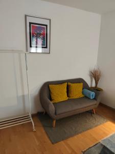 a couch with two yellow pillows in a living room at Chambre 1 in Aniche