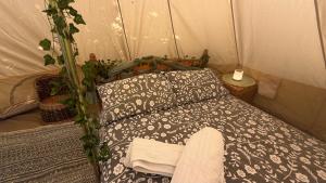a bedroom with a bed and pillows in a tent at Apple Tree glamping near Brighton in Saltdean