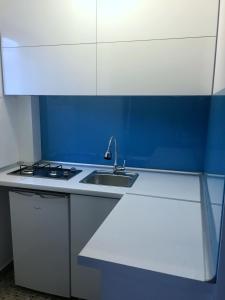 a kitchen with a sink and a blue wall at Amy's Studio in Bucharest