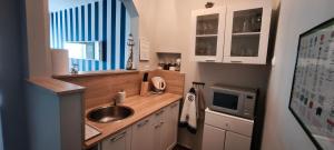 a small kitchen with a sink and a microwave at Willa Aura in Łeba +31 photos