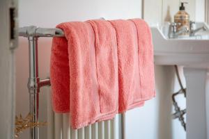 a pink towel hanging on a towel rack next to a sink at Hudson House in Durham +55 photos