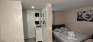 a small bedroom with a bed and a mirror at Mini wellness studio-near the airport in Smlednik