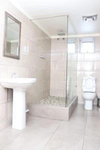 a bathroom with a shower and a sink and a toilet at Park Hotel Bethlehem in Bethlehem +24 photos