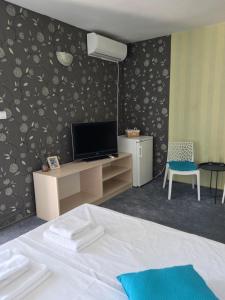 a bedroom with a bed and a tv and a chair at The Yellow House in Ahtopol