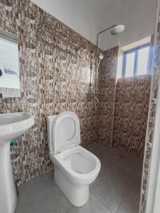 a bathroom with a toilet and a sink and a shower at Mlambe Executive Apartments in Lilongwe