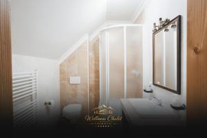 a bathroom with a toilet and a sink and a mirror at Wellness chalet Smokovec in Vysoké Tatry +7 photos