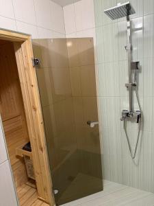 a shower with a glass door in a bathroom at Forest Hills in Kovačevica +14 photos