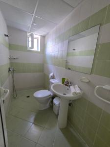 a bathroom with a toilet and a sink and a mirror at The Yellow House in Ahtopol
