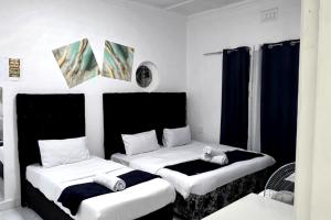two beds in a room with blue curtains at Goshen Lodge Goodwood in Goodwood