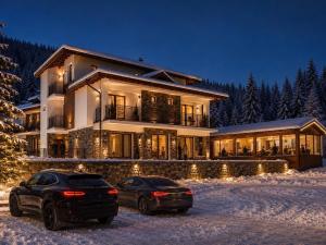 two cars parked in front of a house in the snow at Forest Hills in Kovačevica