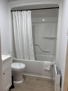 a white bathroom with a toilet and a shower at Motel Chantmartin in Tadoussac +31 photos