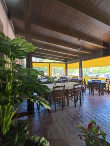 a dining room with tables and chairs and plants at Hotel Edelweiss in Laino Borgo