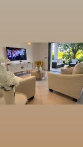 a living room with couches and a flat screen tv at Aligio Beachfront Paradise in Las Terrenas
