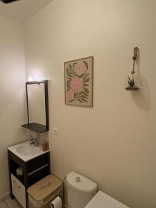 a bathroom with a toilet and a sink and a mirror at Le COCON centre de Bethune in Béthune