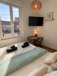 a bedroom with a bed and a tv on the wall at Le COCON centre de Bethune in Béthune