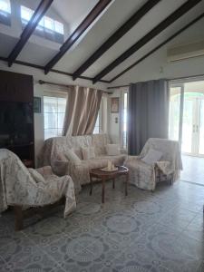 a living room with a couch and a table at Διαμερισμα επάνω στο κυμα in Kineta