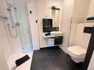 a bathroom with a shower and a sink and a toilet at Haus Übernachtenswert Cochem Mosel in Cochem +41 photos