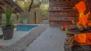 a fire pit in a yard next to a pool at Mahlolwa in Marloth Park