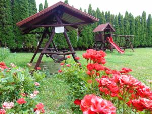 a park with a playground with a swing and red roses at Pensiunea Praid - Parajd Panzió in Praid