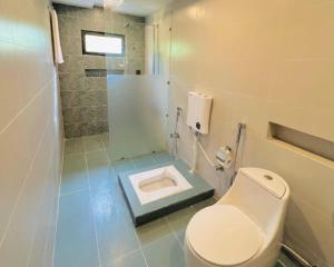 a bathroom with a toilet and a shower in it at Hotel Desert Bloom Skardu in Skardu