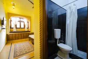 a bathroom with a toilet and a shower at Guesthouse Tofu- Fort View in Jaisalmer +41 photos