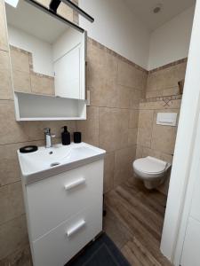 a bathroom with a white sink and a toilet at Au Souffle Marin Maison 2 chambres in Berck-sur-Mer +13 photos