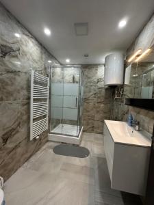 a bathroom with a shower and a sink at Apartmány Tonny in Jáchymov +94 photos