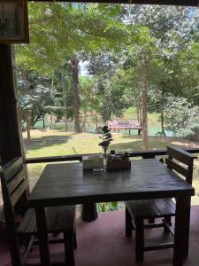 a wooden table and bench with a view of a park at Khaosok River Camp in Khao Sok National Park +73 photos