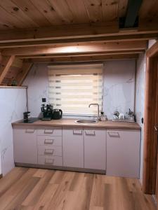 a kitchen with a sink and a window at Alvearium Chalets in Žabljak