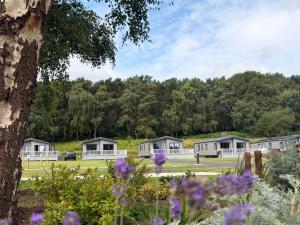 a row of mobile homes in a field with flowers at Cedar Lodge 3 Bedrooms with hot tub in Northwich