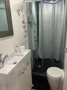 a bathroom with a shower and a sink and a toilet at SLEEPBOAT Floating House Boat Oporto Douro in Porto
