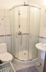 a bathroom with a shower with a toilet and a sink at Pokoje Iza in Chałupy