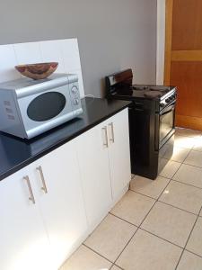 a microwave sitting on top of a counter in a kitchen at Uptown Inn GuestHouse in Parys