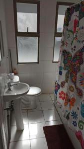 a bathroom with a sink and a shower curtain at Alojamientos Quintamar Viña in Viña del Mar +8 photos