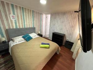 a bedroom with a bed with two pillows on it at Alojamientos Quintamar Viña in Viña del Mar